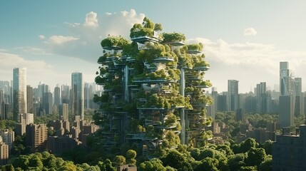 Wall Mural - Splendid environmental awareness city with vertical forest concept of metropolis covered with green plants. Civil architecture and natural biological life combination.