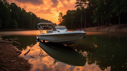 Sticker - Wooden boat on a calm lake at sunset.AI generated image