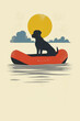 The dog in an orange inflatable boat on a calm lake with a yellow sky. Digital illustration capturing a serene outdoor adventure.	