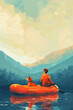 A minimalist vector poster where a rescuer and a rescued dog drift in an inflatable boat on floodwaters. Man and dog in an orange inflatable boat on a calm lake with a yellow sky.