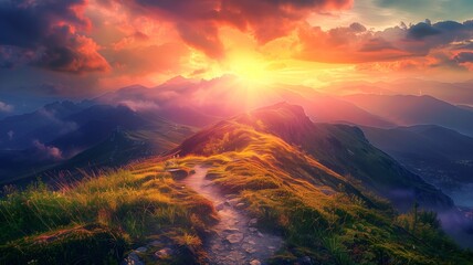 Wall Mural - a vibrant sunrise over a mountainous landscape, with a radiant path leading upward, symbolizing the path to success