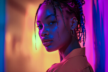 Wall Mural - A woman with dreadlocks and a gold shirt is standing in front of a wall with neon colors