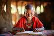 Smiling Masai child reading book in traditional clothing