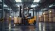 Yellow forklift in a modern warehouse facility. Industrial equipment in action. Logistics and storage concept with space for text. Professional machinery. AI