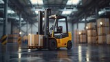 Fototapeta Abstrakcje - Yellow forklift in a modern warehouse facility. Industrial equipment in action. Logistics and storage concept with space for text. Professional machinery. AI