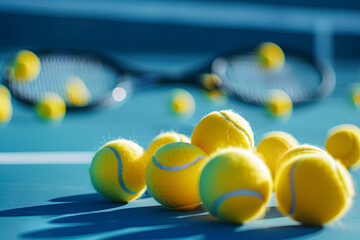 Wall Mural - Holliday sport composition with yellow tennis balls and racket on a blue background of hard tennis court.