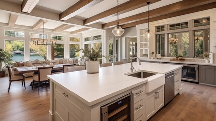Wall Mural - Traditional kitchen in beautiful new luxury home with hardwood floors, wood beams, and large island quartz counters. Includes farmhouse sink, elegant pendant lights.