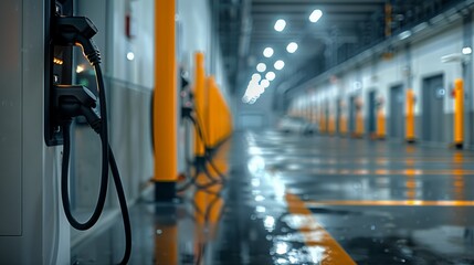 Wall Mural - EV charging station and focus on charger handle for product presentation view from the floor. Generative AI.