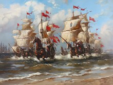 A Painting Of Three Ships In The Ocean With Red Flags On The Sails. The Mood Of The Painting Is One Of Adventure And Excitement