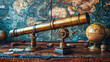 © Kiss - Vintage Brass Telescope on Wooden Table with Antique World Map and Globe Explorer Theme