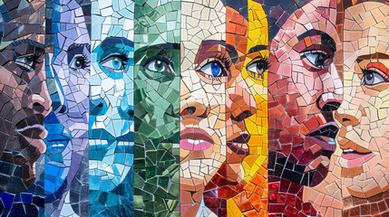 Close-up of a colorful mosaic made of diverse human faces representing different ethnicities, genders, and ages to symbolize diversity and belonging