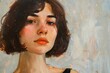 closeup portrait of a young brunette woman with short bob haircut neutral studio background oil painting