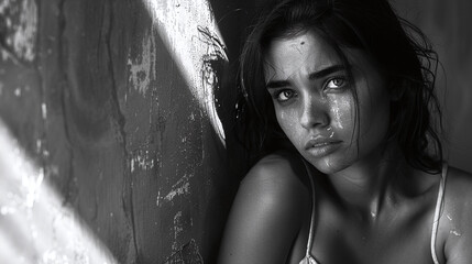 Young woman with tear-streaked face in black and white emotional portrait by textured wall