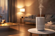 © Mikhail - A sleek air humidifier in a cozy contemporary living space with soft warm lighting. Shallow depth of field