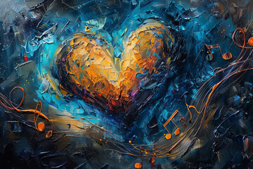 vibrant abstract painting depicting a musical heart in blue hues