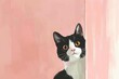 curious cat peeking from frames edge closeup on pastel pink digital illustration