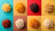 a series of different types of pasta on a colorful background