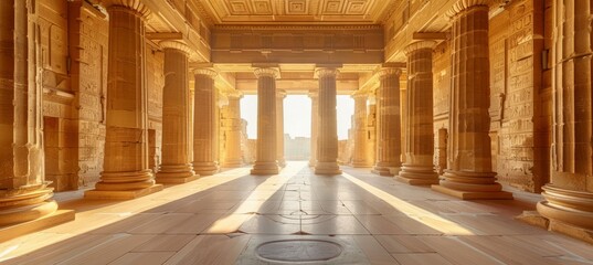Greek temple interior with column. Landmark ancient religion building architecture. Generative AI technology.	

