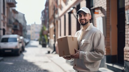 Wall Mural - Delivery man, courier with cardboard box and uniform smiling in the background of the van and the street, fast parcel delivery post office