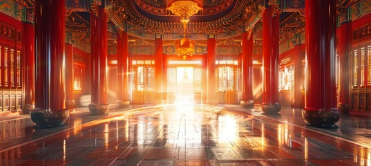  Royal Chinese palace hall interior with column. Landmark religion building architecture. Generative AI technology.	

