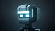 Futuristic robot head with glowing eyes in dark setting