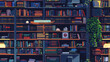 Colorful, detailed illustration of an extensive bookshelf in a library