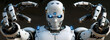 The enigmatic gaze of a futuristic robot, bathed in shadows and artificial intelligence. A robot with multiple arms and glowing blue eyes exudes an aura of advanced AI and technology
