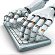 The mechanical writer. A futuristic robotic hand with articulated fingers typing on a computer keyboard.