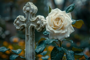 Intimate portrayal of a white rose against an aged stone cross symbolizing purity and enduring memories