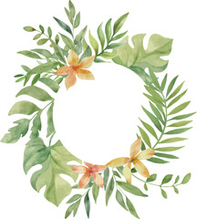 Wall Mural - Vector Watercolor round Jungle frame with flowers and leaves. Template space for text. Greeting cards, invitation, gender party, baby shower, birthday, event, holiday, wedding card, printable, png.