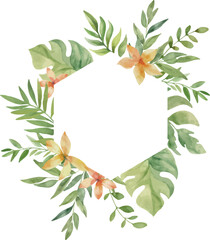 Wall Mural - Vector Watercolor polygon Jungle frame with flowers and leaves. Template space for text. Greeting cards, invitation, gender party, baby shower, birthday, event, holiday, wedding card, printable, png.