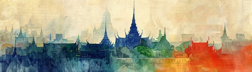 A vibrant watercolor illustration of Wat Phra Kaew, known as the Emerald Buddha temple, a popular tourist destination in Bangkok, Thailand