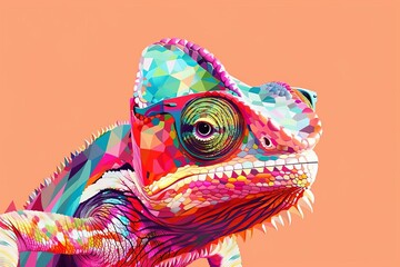 Wall Mural - funky chameleon wearing sunglasses colorful faceted vector art on solid background