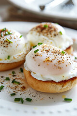 Wall Mural - Poached eggs on toasted English muffin close up