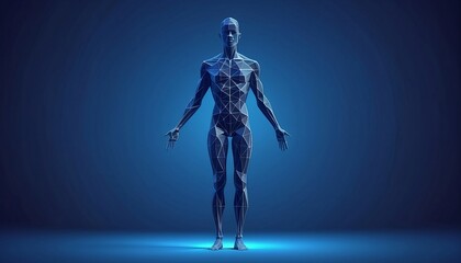 Abstract digital human body. Polygonal wireframe silhouette. Low poly anatomy blue background. Technology futuristic man or woman model. 3D consists of thin lines, connected dots vector illustration	