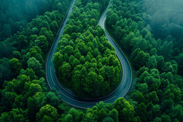 Wall Mural - Aerial top view beautiful curve road on green forest