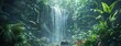 Tropical Waterfall Haven with Rainbow Amid Dense Greenery