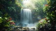Rainbow-Touched Waterfall Oasis in a Tropical Rainforest