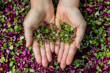 Wall Mural - Hands holding fresh microgreens over a colorful microgreen background. Close-up view of organic farming. Healthy eating and sustainable agriculture concept. Generative AI