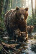 Mother Bear and Cubs Crossing Stream in Dense Forest