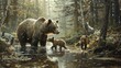 Mother Bear Leading Cubs Across a Stream in a Thick Forest