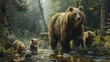 Mother Bear and Cubs Crossing Stream in Dense Forest