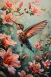 Hummingbird Floating by Bright Pink Blossoms