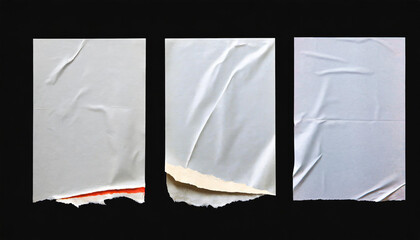 Wall Mural - white crumpled and creased glued paper poster set isolated on black background