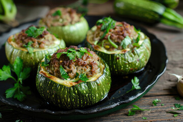 Wall Mural - Round zucchini stuffed with meat and vegetables