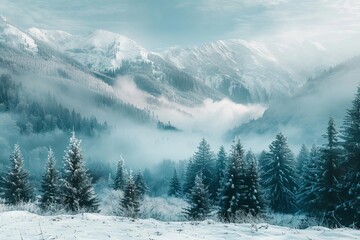 Wall Mural - majestic winter landscape with snowy mountains and frosted evergreen forest serene nature scenery