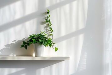 Wall Mural - modern minimalist shelf with lush green plant on white wall interior design