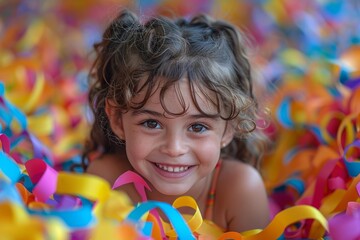 Cute little girl with curly hair and big smile surrounded by colorful ribbons in a playful setting