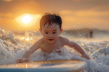Canvas Print - a little boy playing on a surfboard on sunset at the beach