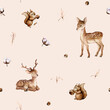 Watercolor seamless pattern with deer and squirrel forest animals and hazelnut. Cute childrens repeat wallpaper muted colored. Flowers and leaves isolated on background. Hand painted illustration
